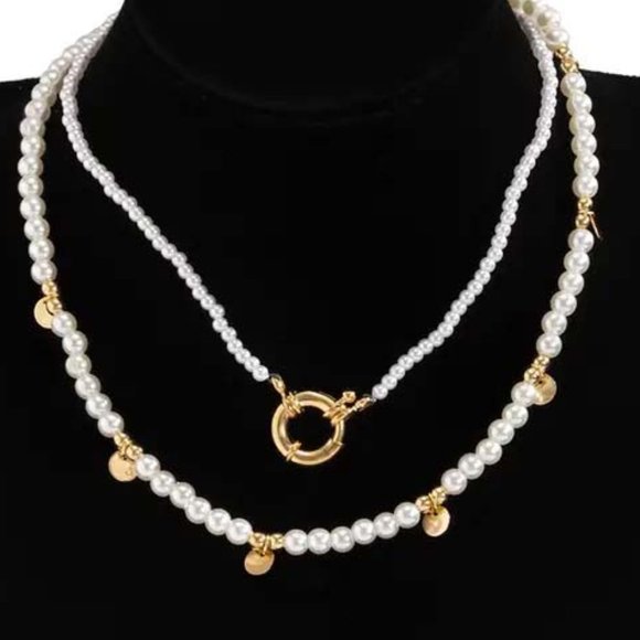 SOPHISTICATED FAUX PEARL GOLD CLAD DISKS CHARMS TWO NECKLACES 41 - Picture 1 of 3